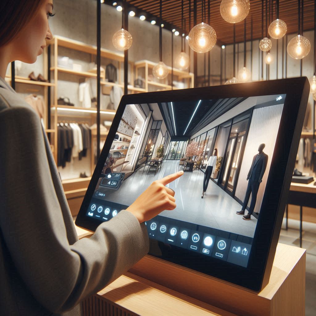 Un cliente en una tienda usando un recorrido virtual en una pantalla táctil para ver productos, con un diseño moderno y ambiente iluminado