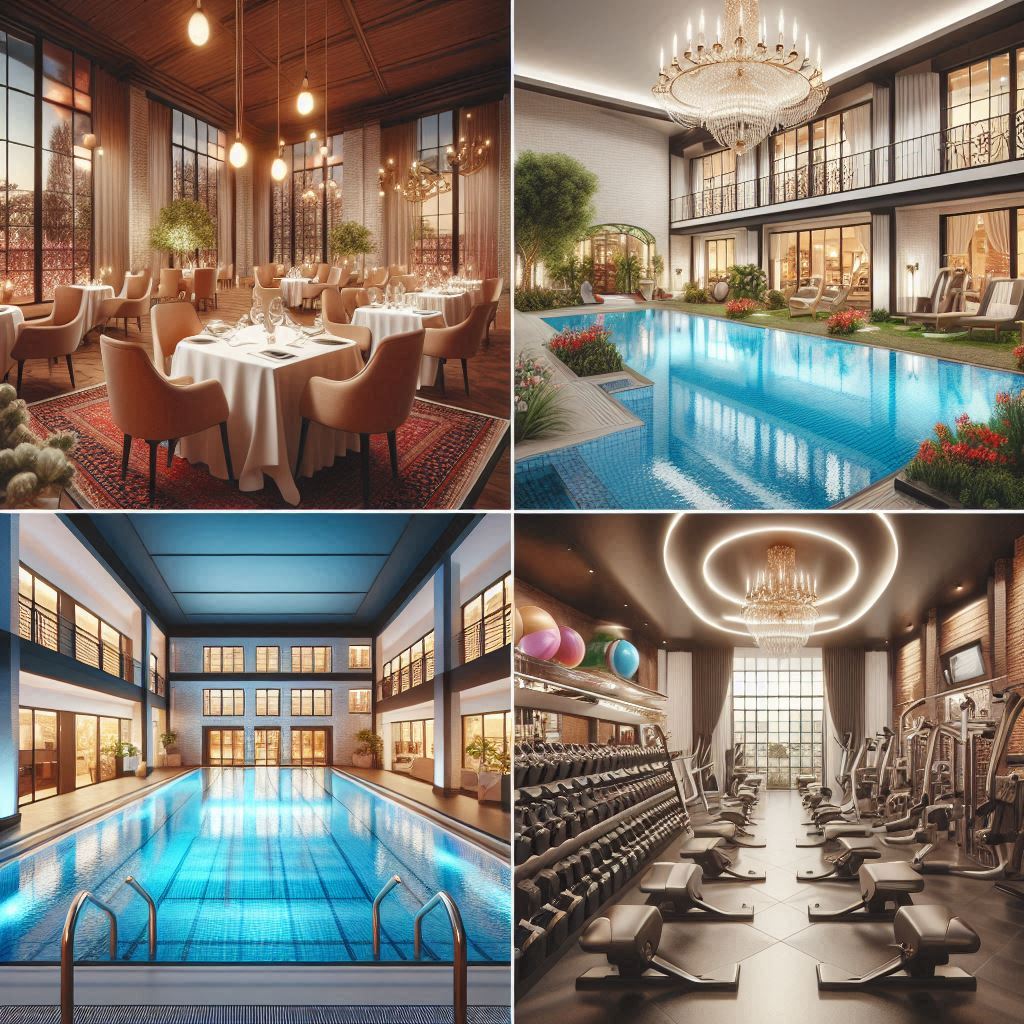 Cuatro imágenes en un collage mostrando un recorrido virtual en diferentes negocios: un restaurante con mesas elegantes, un hotel con piscina, una tienda con estantes de productos y un gimnasio con equipos modernos.