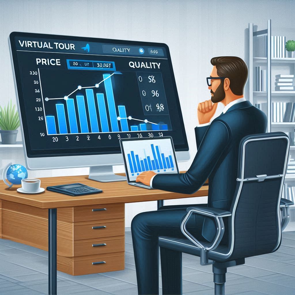 Un empresario en su oficina comparando en su laptop diferentes opciones de recorridos virtuales, con gráficos de precios y calidad en la pantalla
