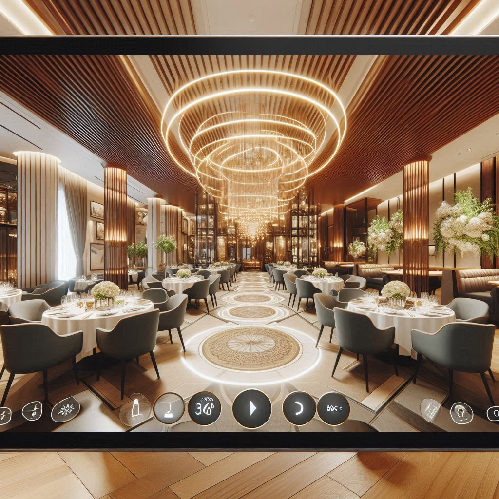 Un recorrido virtual en una pantalla mostrando el interior de un restaurante con mesas elegantes y decoración moderna, con controles de navegación 360°