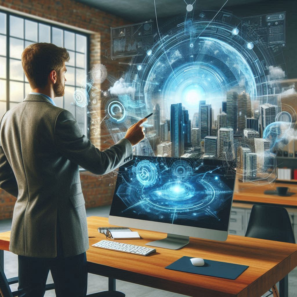 Un empresario en su oficina explorando un recorrido virtual en una computadora, con gráficos digitales en 3D alrededor de la pantalla.